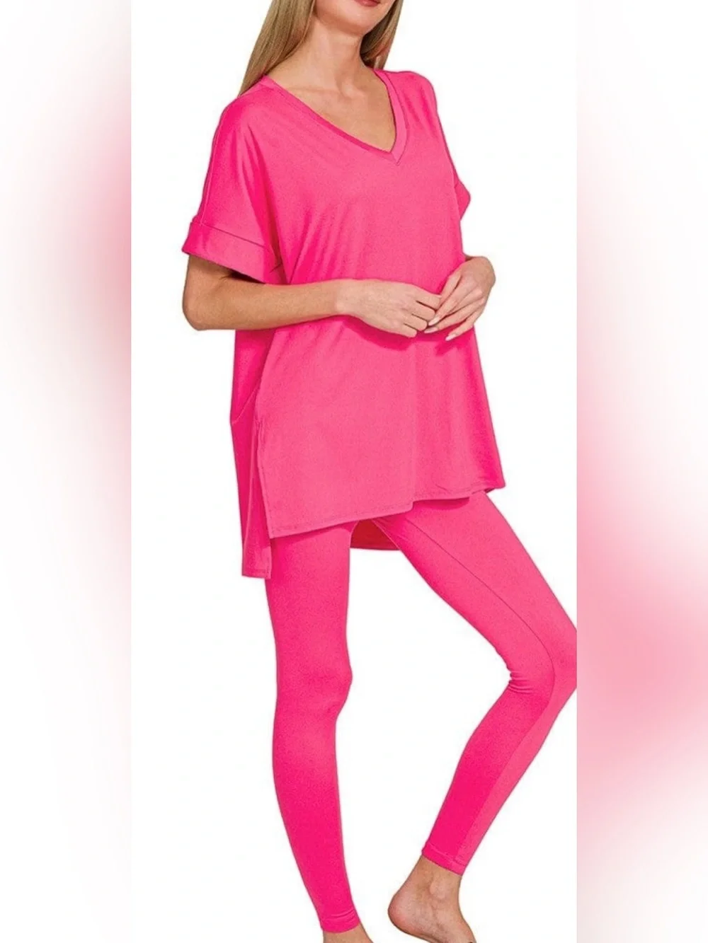 Zenana Brushed Microfiber Rolled Short sleeve Top And Leggings Loungewear pink